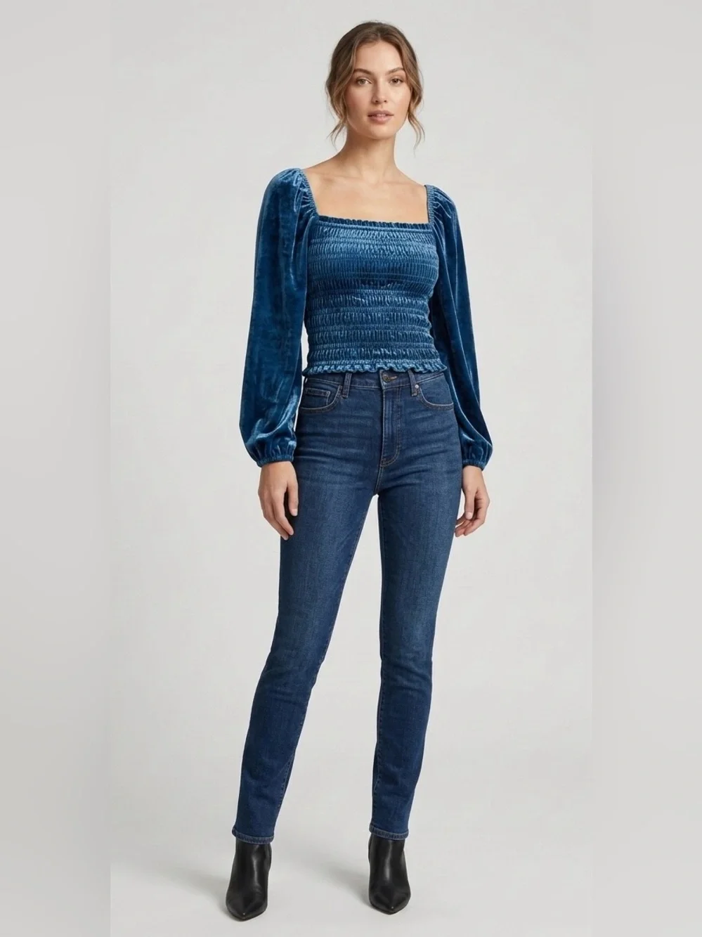 By Anthropologie Smocked Velvet Puff Sleeve Top Teal Blue | Size XS cottagecore